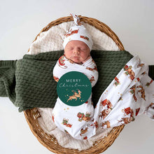 Load image into Gallery viewer, Reindeer Organic Jersey Wrap &amp; Beanie Set + Milestone Card