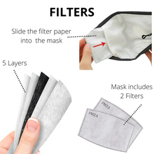 Load image into Gallery viewer, ADULT REUSABLE FABRIC FACE MASK - WITH NOSE WIRE, FILTER POCKET AND TWO 2.5 FILTERS - BLACK