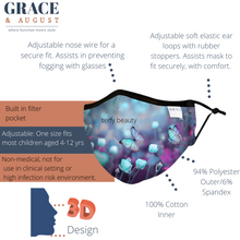 Load image into Gallery viewer, CHILD FABRIC REUSABLE FACE MASK WITH FILTER POCKET AND TWO 2.5 FILTERS- BUTTERFLY BEAUTY
