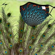 Load image into Gallery viewer, ADULT REUSABLE FABRIC FACE MASK - WITH NOSE WIRE, FILTER POCKET AND TWO 2.5 FILTERS - PEACOCK