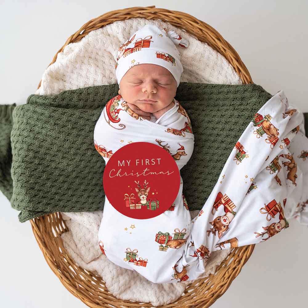 Reindeer Organic Jersey Wrap & Beanie Set + Milestone Card