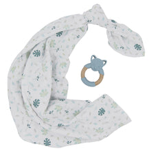Load image into Gallery viewer, Organic Muslin Swaddle &amp; Teether Gift Set - Banana leaf/Teal
