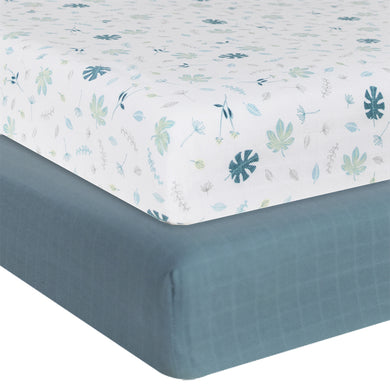 Organic Muslin 2-pack Cot Fitted Sheets - Banana leaf/Teal
