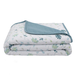 Organic Muslin Pram Blanket - Banana leaf/Teal