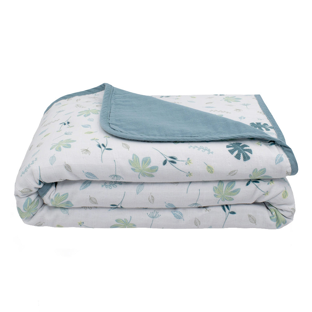 Organic Muslin Pram Blanket - Banana leaf/Teal