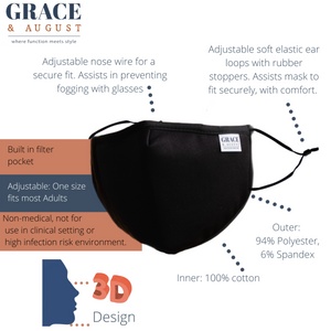 ADULT REUSABLE FABRIC FACE MASK - WITH NOSE WIRE, FILTER POCKET AND TWO 2.5 FILTERS- BLACK LARGE
