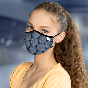 ADULT REUSABLE FABRIC FACE MASK - WITH NOSE WIRE, FILTER POCKET AND TWO 2.5 FILTERS - BLUE DOT