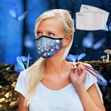Load image into Gallery viewer, ADULT REUSABLE FABRIC FACE MASK - WITH NOSE WIRE, FILTER POCKET AND TWO 2.5 FILTERS- BUTTERFLY MAGIC