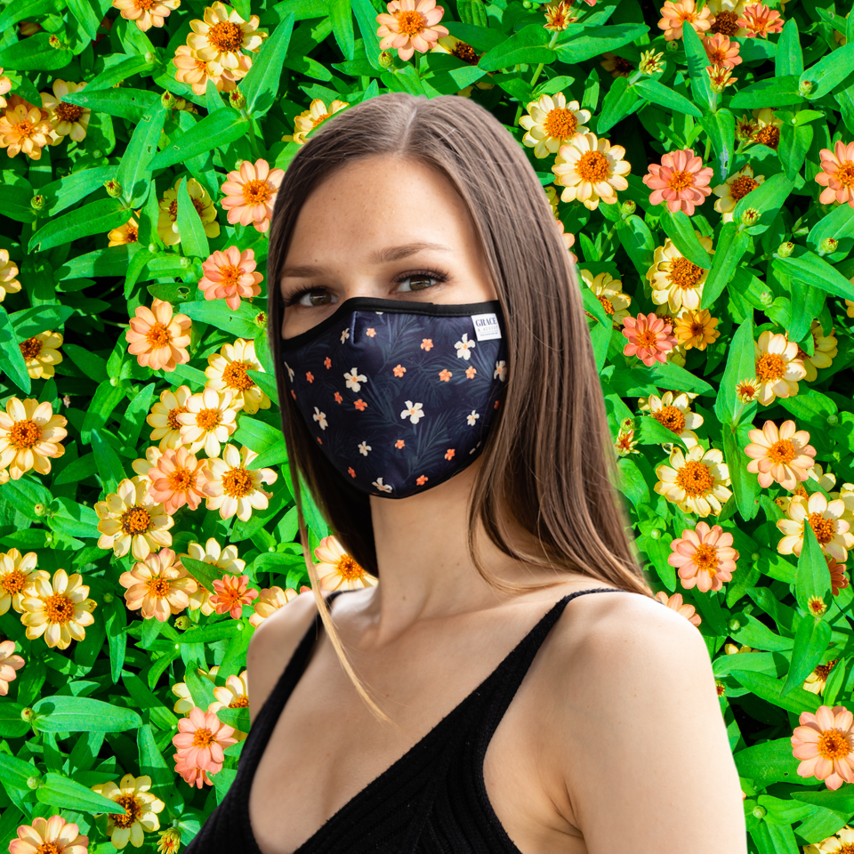 ADULT REUSABLE FABRIC FACE MASK - WITH NOSE WIRE, FILTER POCKET AND TWO 2.5 FILTERS - LITTLE FLOWER