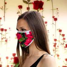 Load image into Gallery viewer, ADULT REUSABLE FABRIC FACE MASK - WITH NOSE WIRE, FILTER POCKET AND TWO 2.5 FILTERS - RED ROSE