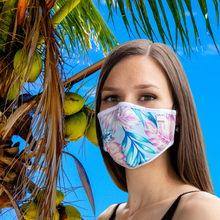 Load image into Gallery viewer, ADULT REUSABLE FABRIC FACE MASK - WITH NOSE WIRE, FILTER POCKET AND TWO 2.5 FILTERS TROPICAL LEAVES