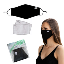 Load image into Gallery viewer, ADULT REUSABLE FABRIC FACE MASK - WITH NOSE WIRE, FILTER POCKET AND TWO 2.5 FILTERS - BLACK